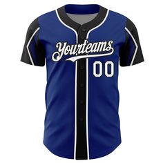 Custom Royal White-Black 3 Colors Arm Shapes Authentic Baseball Jersey Varsity Baseball Jersey For Team Events With Sublimation Print, Varsity Baseball Jersey With Sublimation Print For Team Events, Black Baseball Jersey With Collar For Fans, Custom College Jersey For Baseball Season, Collegiate Baseball Jersey For Customization, Baseball Jersey For Sports Events With Team Spirit, Sports Fan Baseball Jersey In Team Colors, Team Spirit Baseball Jersey For Sports Events, Black Sublimation Baseball Collar Shirt For Sports Season