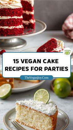 vegan cake with white frosting and red velvet on top, surrounded by limes