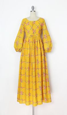 Vintage 70s Floral Maxi Dress / 1970s Prairie Dress / Lace up Bodice Dress / Yellow Floral Dress / Fall Floral Dress / Fall Maxi Dress - Etsy Spring Floral Print Maxi Prairie Dress, Feminine Yellow Fitted Maxi Dress, Fitted Yellow Feminine Maxi Dress, Feminine Fitted Yellow Maxi Dress, Fitted Feminine Yellow Maxi Dress, Vintage Flowy Maxi Dress For Fall, Flowy Vintage Maxi Dress For Fall, Feminine Yellow Maxi Dress For Spring, Yellow Cottagecore Dress For Garden Party