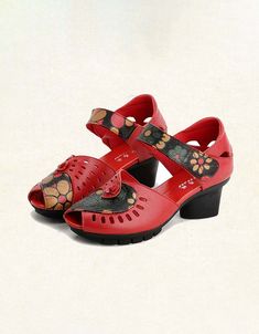 Features: Item Type: Ethnic Chunky Sandals Gender: Female Main Material: Cowhide Process: Printed Heel Type: Chunky Heel Height: Mid (5 cm) Season: Summer Closure Type: Velcro Color: Black, Red Size:35-40 Bohemian Open Toe Heels, Traditional High Heel Sandals For Spring, Red Bohemian Sandals For Spring, Traditional Leather Heels For Summer, Traditional Red Open Toe Sandals, Traditional Red Sandals For Summer, Chunky Sandals, Chunky Heels Sandals, Fur Boots