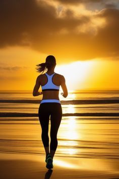 a woman running on the beach at sunset with her back turned to the camera,