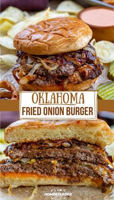 a close up of a sandwich with the title above it that reads, oklahoma fried onion burger