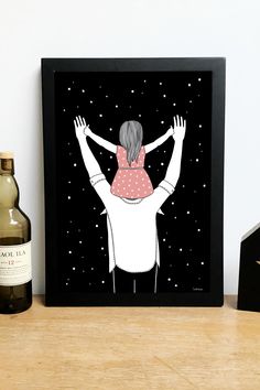 a painting of a woman holding her arms up in the air with stars above it