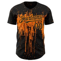 Custom Black Bay Orange 3D Pattern Design Dripping Splatter Art Authentic Baseball Jersey Black Sublimation T-shirt For Team Events, Black Sublimation Design T-shirt For Team Events, Black Sublimation Design With Baseball Collar For Baseball Season, Custom Black Short Sleeve Baseball Jersey, Customizable Short Sleeve Black Baseball Jersey, Black Sublimation T-shirt With Baseball Graphic, Custom Print Black Sublimation Design For Fan Merchandise, Black Graphic Print Sublimation Design For Baseball Season, Black Baseball Jersey With Sublimation Print