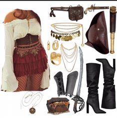 an assortment of costume and accessories including boots, chains, gloves, belt, purse