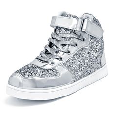 PRICES MAY VARY. Glitter sneakers for kids boys girls unisex,Order according to the size chart please. High-quality PU and Glitter material, Fine stitching, Lace-up closure with fully-adjustable hook-and-loop strap for an extra secure fit Suitable for everyday casual wear, parties, clubs, celebrations, night outs, performances, cosplays, skateboarding,halloween, christmas, easter, independence day, birthday, school etc. Ideal gifts for kids and youths. The shoes are designed with a large number Trendy Party Sneakers With Glitter Print, Party Glitter Sneakers With Synthetic Material, Party Sneakers With Glitter Print And Round Toe, Trendy Glitter Print Party Sneakers, Silver Sneakers With Glitter Print And Round Toe, Silver Lace-up Party Sneakers, Silver High-top Sneakers For Party, Silver High-top Party Sneakers, Silver Glitter Print Sneakers With Round Toe