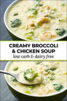 green bowl with creamy broccoli and chicken soup and text Cauliflower Soup Keto Low Carb, Low Carb Cream Of Broccoli Soup, Low Fat Low Carb Soup Recipes, Cauliflower Parmesan Soup Recipes, Soup Recipes Healthy Creamy, Filling Low Calorie Soup, Keto Chicken Soup Recipes Crockpot, Low Calorie Cauliflower Soup, Creamy Keto Soup