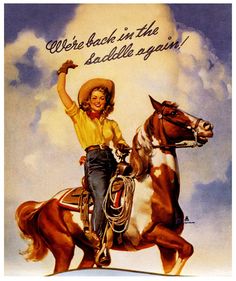 a woman riding on the back of a brown and white horse next to a sky