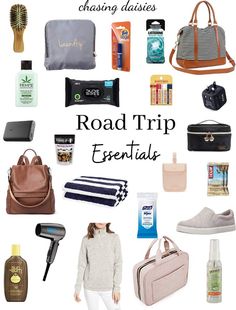 the road trip essentials are organized and ready to be carried on your next trip