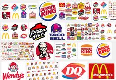 many different logos and stickers on a white background, including mcdonald's burger king