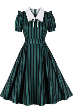 This classic vintage dress features a timeless 1950s silhouette with a stylish dark green color and bold striped pattern. The midi length and short sleeves make it perfect for any occasion, and the lapel collar adds a touch of sophistication. Make a statement in this timeless classic.
Product Details:

SKU: MD0527
Polyester Material
Midi Length
Size: S-2XL. 




 Size
Bust
 Waist
Length


S

88 cm
72 cm
95 cm


M

92 cm
76 cm
96 cm


L

98 cm
82 cm
97 cm


XL
104 cm
88 cm
98 cm


2XL
110 cm
94 cm
99 cm




Time: 10-15 business days. 


Feel free to contact our customer service: contact@modsele.com if you have any questions. 1950s Silhouette, Dark Green Color, Waist Length, Vintage Dress, Classic Vintage, Lapel Collar, Green Stripes, Timeless Classic, Polyester Material