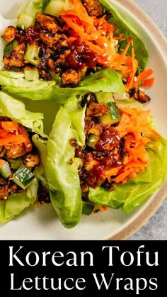 korean tofu lettuce wraps on a white plate