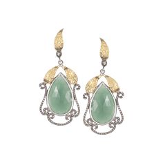 Vitality sterling silver earring with pear shaped green stone and gold leaf with rose cut diamonds. Luxury Green Teardrop Earrings, Exquisite Green Teardrop Earrings, Green Teardrop Filigree Earrings, Green Filigree Teardrop Earrings, Elegant Green Earrings With Rose Cut Diamonds, Green Teardrop Earrings With Gemstone Accents, Elegant Green Pear-shaped Earrings, Elegant Green Earrings With Gemstone Accents, Green Stone Earrings