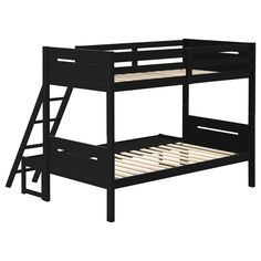 a black bunk bed with two ladders on the bottom and one above it's head