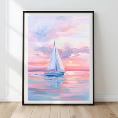 a painting of a sailboat floating in the ocean at sunset with pink and blue clouds