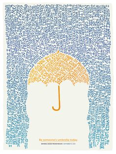 an umbrella with words all over it in blue, yellow and orange on the bottom