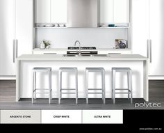 a white kitchen with four stools in front of the counter and cabinets behind it