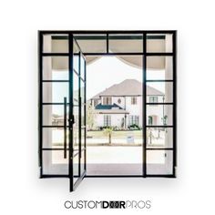 an open glass door leading to a large house with the words custom doors pros on it