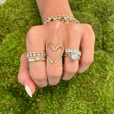 A fun dainty ring that will add a pop of color to your stack! Ring Stack Dainty, Gold Diamond Stacking Rings, Love Ring Stack, Ring Stacking Ideas, Diamond Ring Stack, Diamond Gold Band, Bezel Band, Ring Stacks, Aesthetic Rings