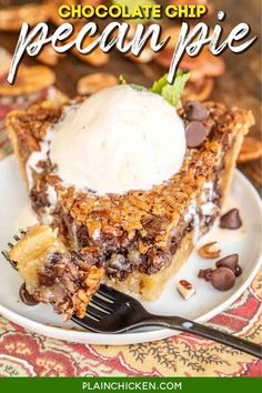 a slice of chocolate chip pecan pie on a plate with whipped cream and chocolate chips