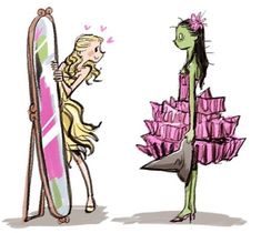 a woman in a pink dress standing next to a green alien holding a surfboard