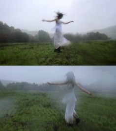 two pictures of a woman in a white dress running through the grass on a foggy day