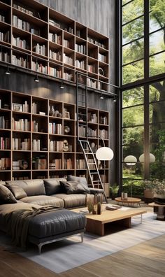 a living room filled with lots of bookshelves next to a couch and coffee table