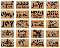 merry christmas and happy new year hand drawn lettering on brown paper, set of 12