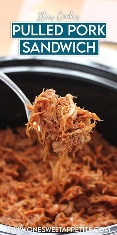 pulled pork sandwich is being lifted from the slow cooker with a spoon in it