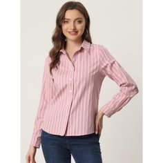 Clean stripes lend a graphic touch to this button-down shirt. A trendy hi-low hem and roll up sleeves for added laid-back appeal. Wear this on the weekend running errands or Sunday brunch. Pair it perfectly with your favorite trousers and heels for an instant charming outfit. Amp up your ensemble with this stripes shirt. Material: Black/Light Blue: 65% Polyester, 35% Cotton; Khaki/Blue: 50% Cotton, 50% Polyester; Dark Blue/Red/Gray/Pink/Dark Purple/Light Purple/Green: 100% Cotton. Pink Casual Top For Business Casual, Pink Dark, Purple Light, Roll Up Sleeves, Sunday Brunch, Collar Shirt, Chic Woman, Purple Green, Black Light