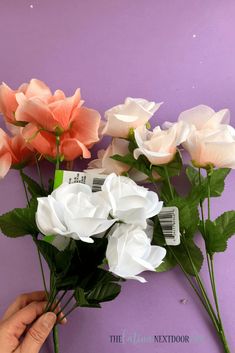 someone is holding some fake flowers in front of a purple background with the text, the color nextdoor