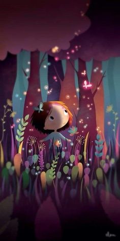 a girl in the woods looking up at stars and flowers on her head, with trees behind her