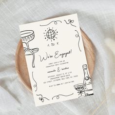 Invite your guests with charm using this Quirky Fun Retro French Whimsical Engagement Party Invitation! Featuring playful hand-drawn elements like cocktails, champagne glasses, a monogram, swirly scribble frame, and disco ball, this design blends a vintage French aesthetic with a fun, trendy vibe. Perfect for retro, boho, or French-themed celebrations, it's fully customizable to add a personal and stylish touch to your engagement party. Vintage French Aesthetic, Black And White Engagement Party, Vintage Theme Party, Engagement Party Ideas, Engagement Party Themes, French Aesthetic, Engagement Parties, Engagement Party Invitations, Champagne Glasses