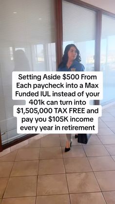 a woman standing in front of a window with the text setting aside $ 500 from each paycheck into a max fund