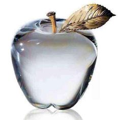 an apple shaped glass object with a leaf sticking out of it's center, against a white background