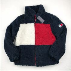 Tommy Hilfiger Women's Sherpa Jacket Color Blocked Logo Outwear Size S Multicolor Outerwear For Winter, Multicolor Contrast Winter Outerwear, Multicolor Winter Outerwear With Contrast Colors, Winter Color Block Outerwear For Cold Weather, Color Block Fleece Outerwear For Fall, Cozy Color Block Outerwear For Winter, Multicolor Winter Outerwear, Cold Weather Long Sleeve Color Block Outerwear, Fall Fleece Color Block Outerwear