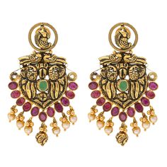 This unique Indian gold set of chandbali earrings has a lush assortment of emeralds, rubies, and pearls embedded into the antique gold design.Features: • 22k yellow gold • Antique finish • Rubies • Emeralds • PearlsNo Indian bridal jewelry collection is complete without the perfect pair of Indian style earrings. Find this pair of real gold jhumka earrings and others like it on our website or at one of our Indian gold jewelry shops in New Jersey. Specifications: • Minimum Earring Width - 6 millim Indian Style Earrings, Gold Jhumka, Indian Bridal Jewelry, Gold Jhumka Earrings, Chandbali Earrings, Bridal Jewelry Collection, Gold Bead Necklace, Bridal Jewellery Indian, Gold Jewelry Indian