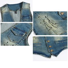 Motorcycle Enthusiasts! Want to create a layered outfit? V Neck Distressed Denim Vest is a good choice for you. Because wearing a denim vest will expose your underlying shirt or top. An elegant design denim vest, also suitable for parties, outside activities, dates, business work, and other casual occasions in all seasons. Features: 80% cotton, 20% polyester, feel soft and comfortable Retro Buttons front closure V-neck collar Trendy Washed Blue Cotton Denim Vest, Trendy Washed Denim Blue Vest, Washed Denim Blue Vest For Spring, Trendy Denim Vest For Layering, Spring Washed Denim Blue Vest, Trendy Medium Wash Vest, Summer Denim Washed Vest, Trendy Spring Denim Vest For Layering, Trendy Washed Denim Vest