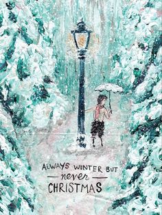 a painting of a person holding an umbrella in the snow near a lamp post with words on it