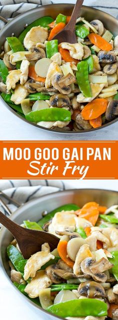 two pictures showing different types of stir fry in pans with the title moo goo gai pan stir fry