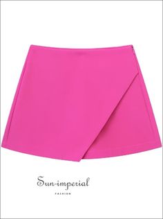 Women’s Asymmetrical High Waist Shorts Mini Skirt With Back Pockets And Side Zipper Detail Sun-Imperial United States Spring Party Skort In Solid Color, Trendy Solid Asymmetrical Bottoms, Trendy Asymmetrical Solid Bottoms, Asymmetrical Solid Color Skort For Summer, Asymmetrical Solid Skort For Summer, Asymmetrical Shorts For Spring Party, Asymmetrical Shorts For Party In Spring, Asymmetrical Mini Skirt For Summer Parties, Trendy High Waist Pink Skort