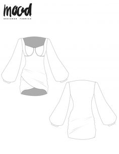 the front and back view of a top with sleeves folded down, in white paper