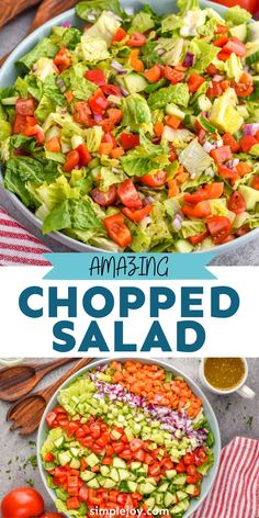 chopped salad in a bowl with the title above it and an image of sliced vegetables