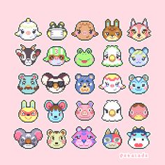 pixel art with different types of animals and faces on it's pink background, which includes