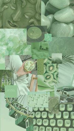 a collage of green and white images