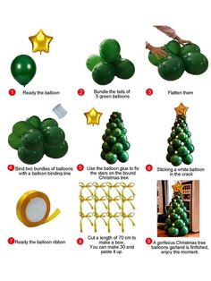 the instructions for balloon trees are shown in green and gold colors, with stars on them