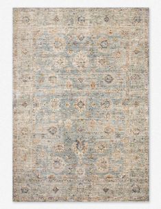 an area rug with blue, beige and tan colors on the bottom half of it