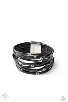 Dotted with smoky hematite rhinestones, strands of black leather cording are strung between two silver fittings around the wrist in a fabulously layered finish. Features a magnetic closure. Sold as one individual bracelet. P9UR-BKXX-442WM Paparazzi Fashion, Paparazzi Accessories Jewelry, Magnificent Mile, Layered Rings, Black Bracelet, Layered Fashion, Black Bracelets, Paparazzi Accessories, Magnetic Bracelet