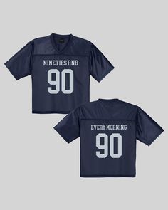 Nineties Rnb Every Morning Navy Blue Cropped Football Jersey - trainofthoughtcollective Blue Jersey T-shirt For Football Season, Navy Sporty T-shirt Pre-shrunk, Blue Breathable Football Season Jersey, Blue T-shirt With Football Season Screen Print, Love Rap, Blue Technical Sports T-shirt, Hem Stitch, Big Face, Blue Football