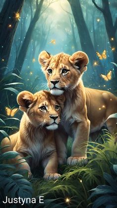 two lions in the woods with butterflies flying around them and one is holding its cub